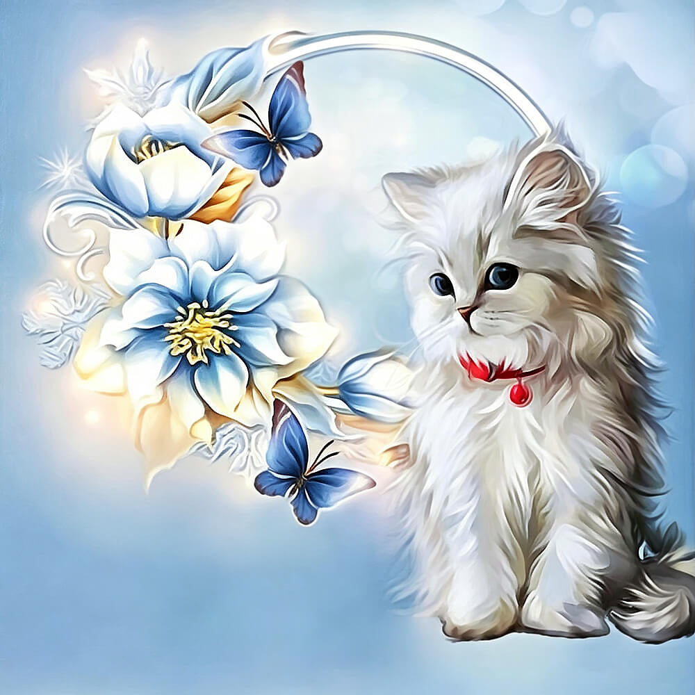 White cat with blue flowers cross stitch kit for beginners