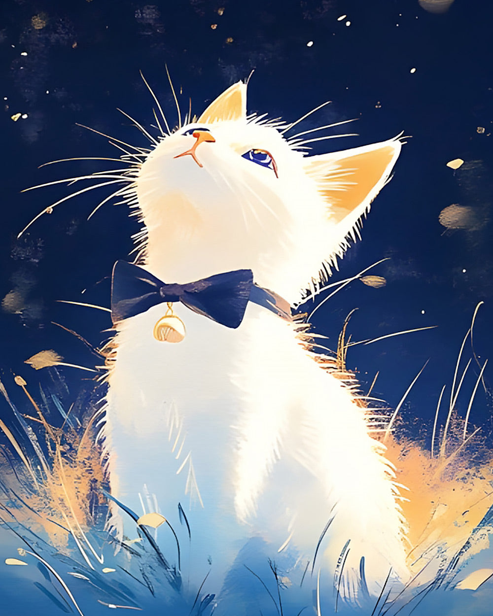 White cat with bow tie looking up cross stitch kit for beginners