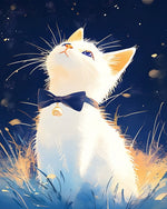 White cat with bow tie looking up cross stitch kit for beginners