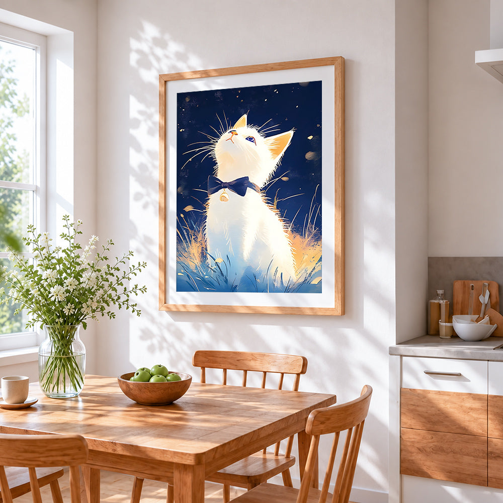 White cat with bow tie looking up cross stitch artwork displayed on wall as home decor