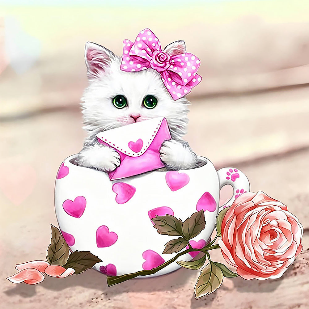 White cat with heart envelope in teacup cross stitch kit for beginners