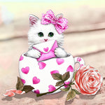 White cat with heart envelope in teacup cross stitch kit for beginners