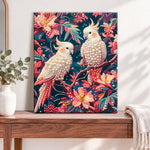 Finished white cockatoo pair pearl diamond painting artwork displayed as home decor