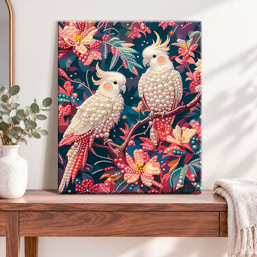Finished white cockatoo pair pearl diamond painting artwork displayed as home decor