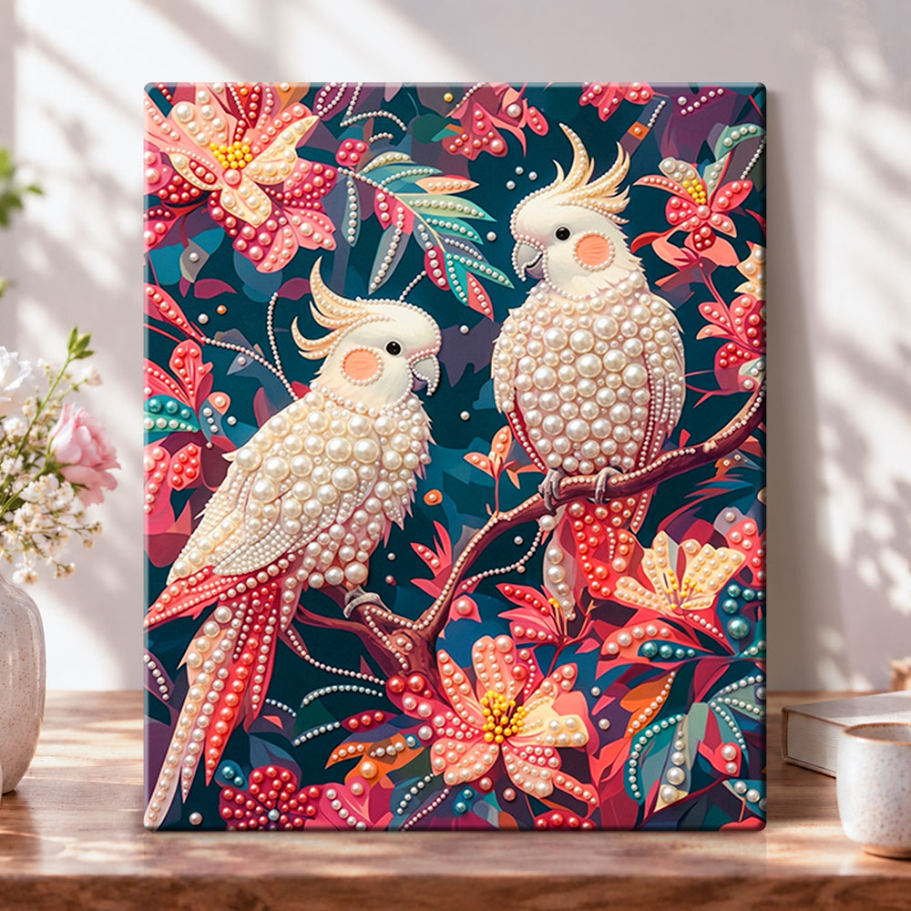 White cockatoo pair pearl diamond painting kit for beginners