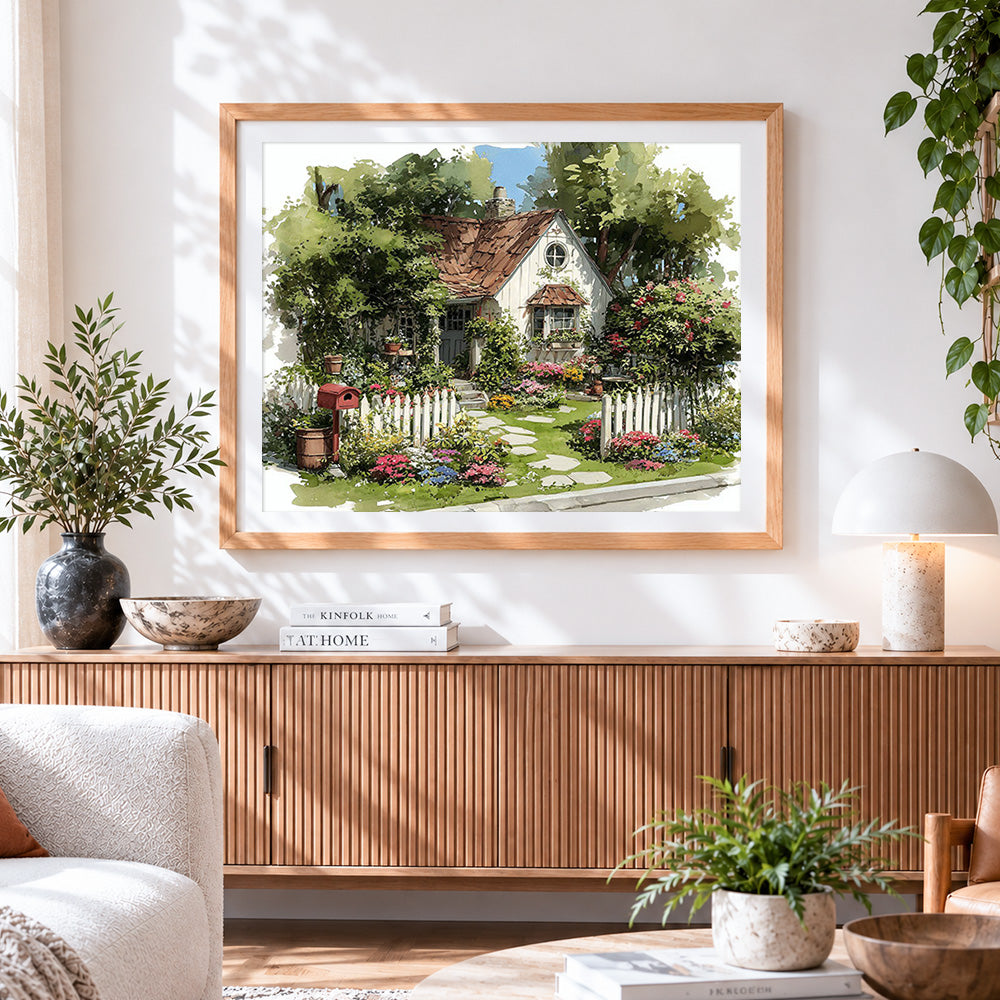 Finished white cottage and red mailbox cross stitch artwork displayed