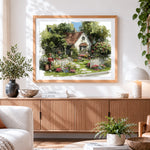 Finished white cottage and red mailbox cross stitch artwork displayed
