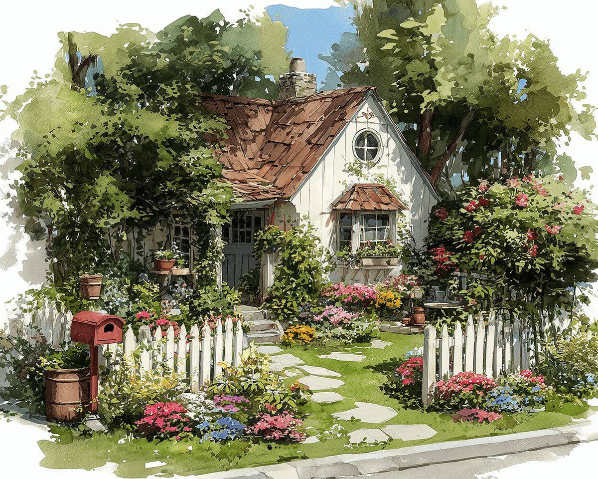 White cottage and red mailbox paint by numbers kit for beginners
