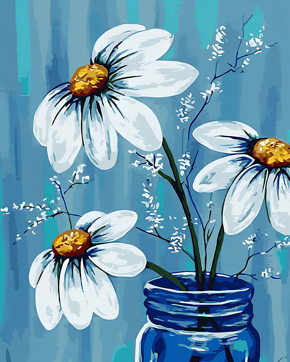 White daisies in blue vase cross stitch kit for beginners
