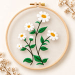 White daisies with green leaves embroidery kit