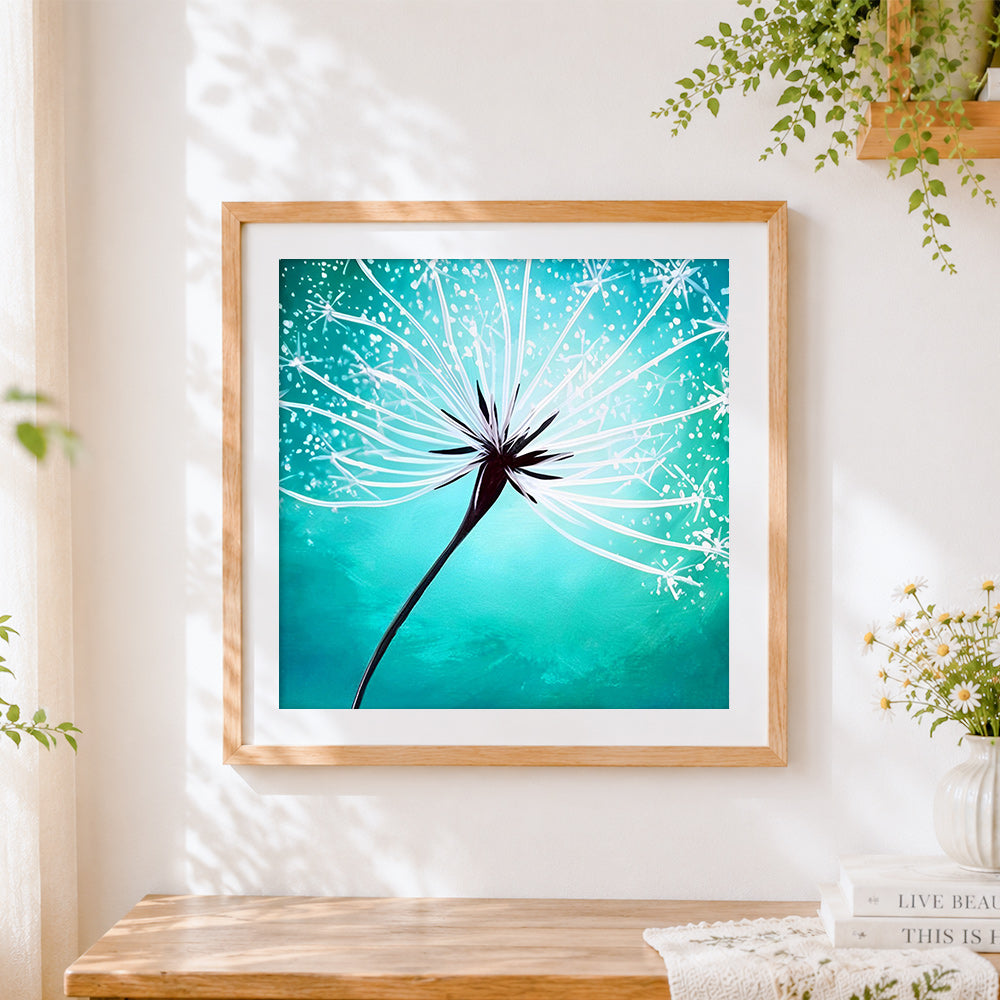 Finished white dandelion on green background cross stitch artwork displayed
