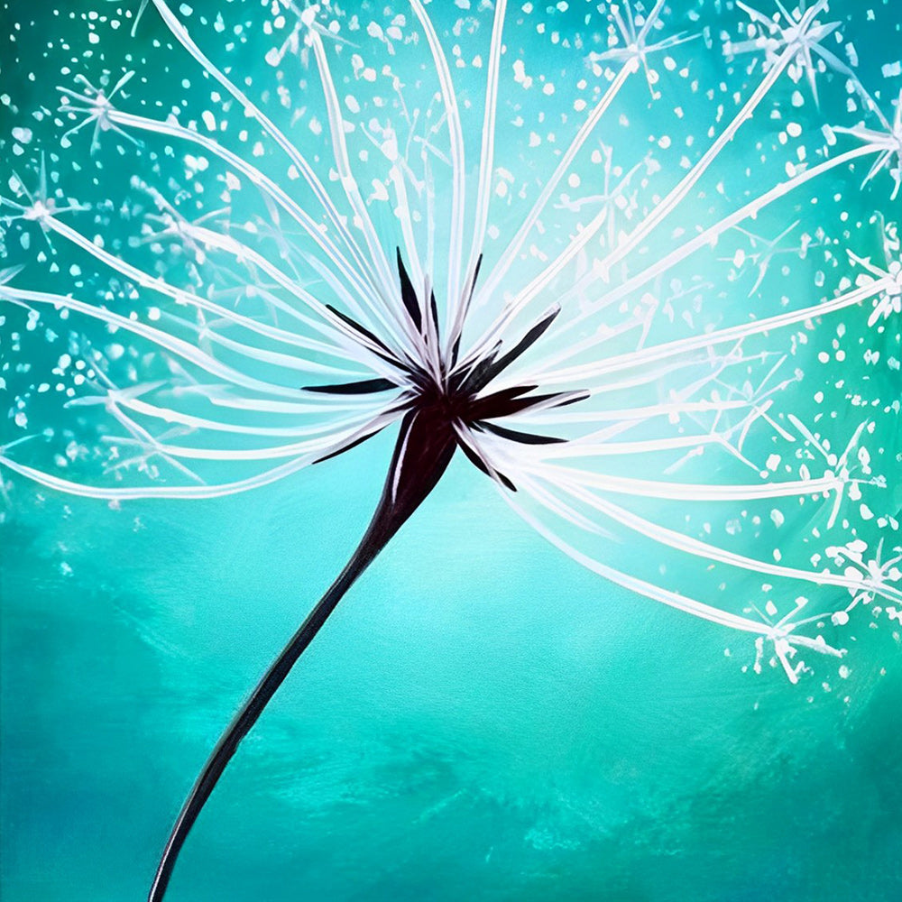White dandelion on green background cross stitch kit for beginners