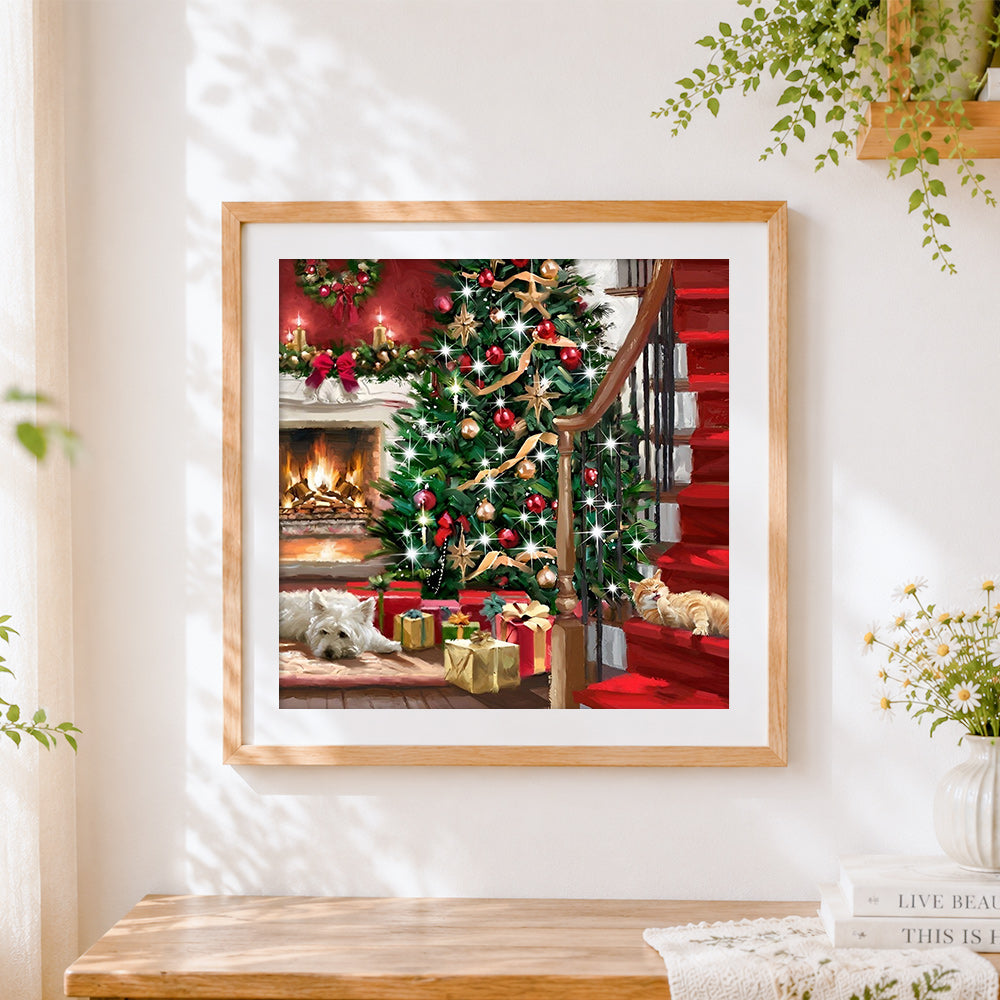 Finished white dog and ginger cat by the christmas tree cross stitch artwork displayed