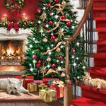 White dog and ginger cat by the christmas tree cross stitch kit for beginners