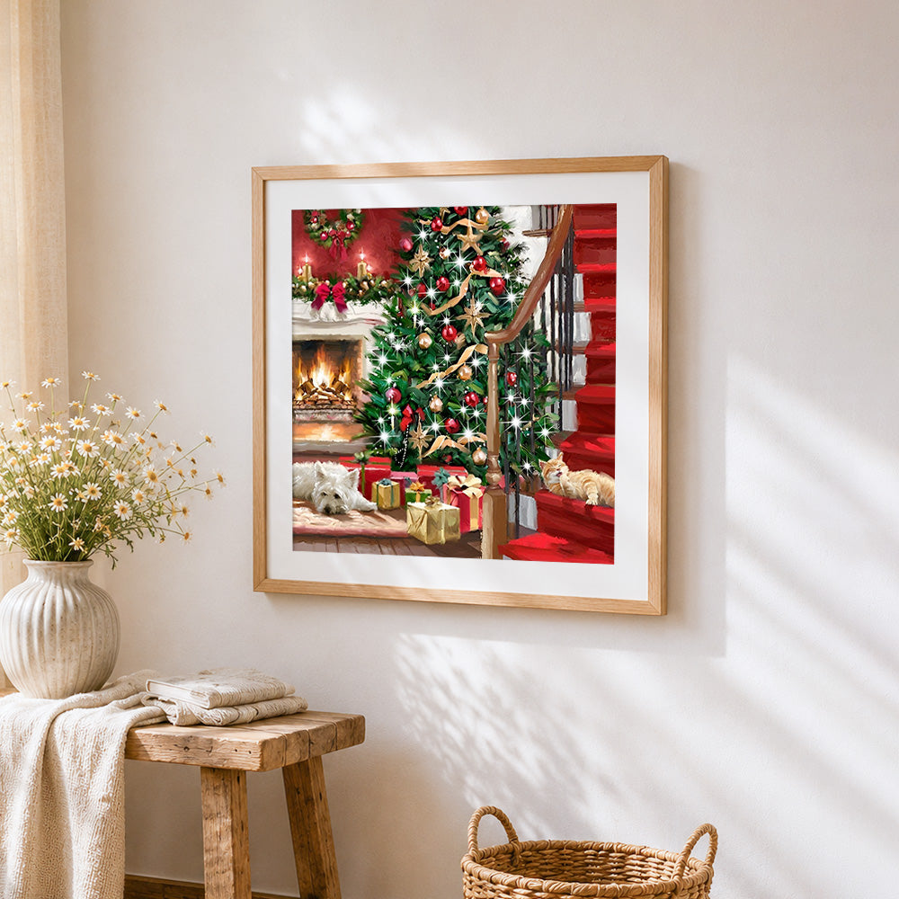 White dog and ginger cat by the christmas tree paint by numbers artwork displayed on wall as home decor