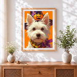 Finished white dog with pumpkin hat cross stitch artwork displayed