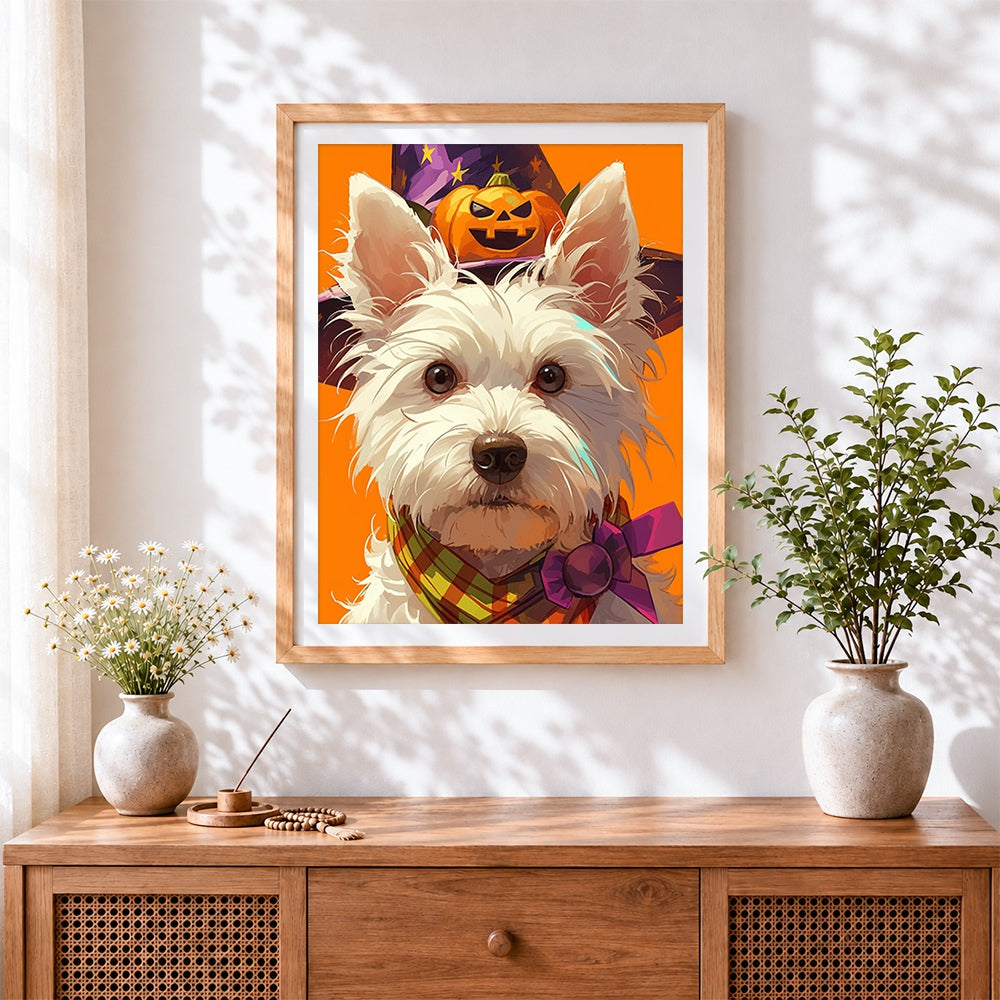 Finished white dog with pumpkin hat cross stitch artwork displayed