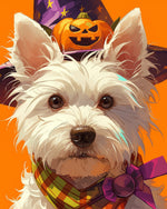 White dog with pumpkin hat cross stitch kit for beginners