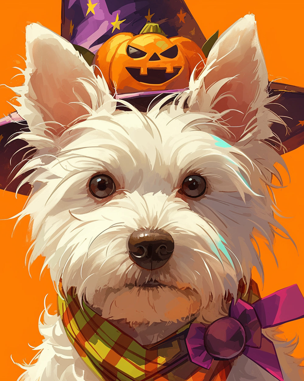 White dog with pumpkin hat cross stitch kit for beginners