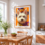 White dog with pumpkin hat cross stitch artwork displayed on wall as home decor