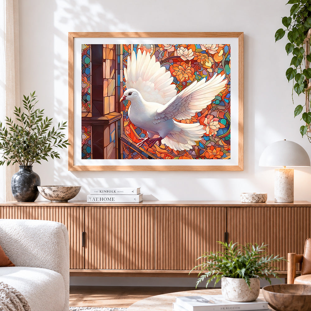 Finished white dove in flight with stained glass cross stitch artwork displayed