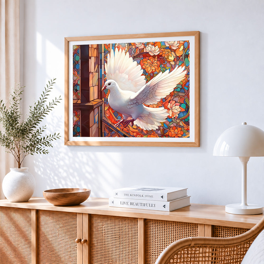 White dove in flight with stained glass cross stitch artwork displayed on wall as home decor