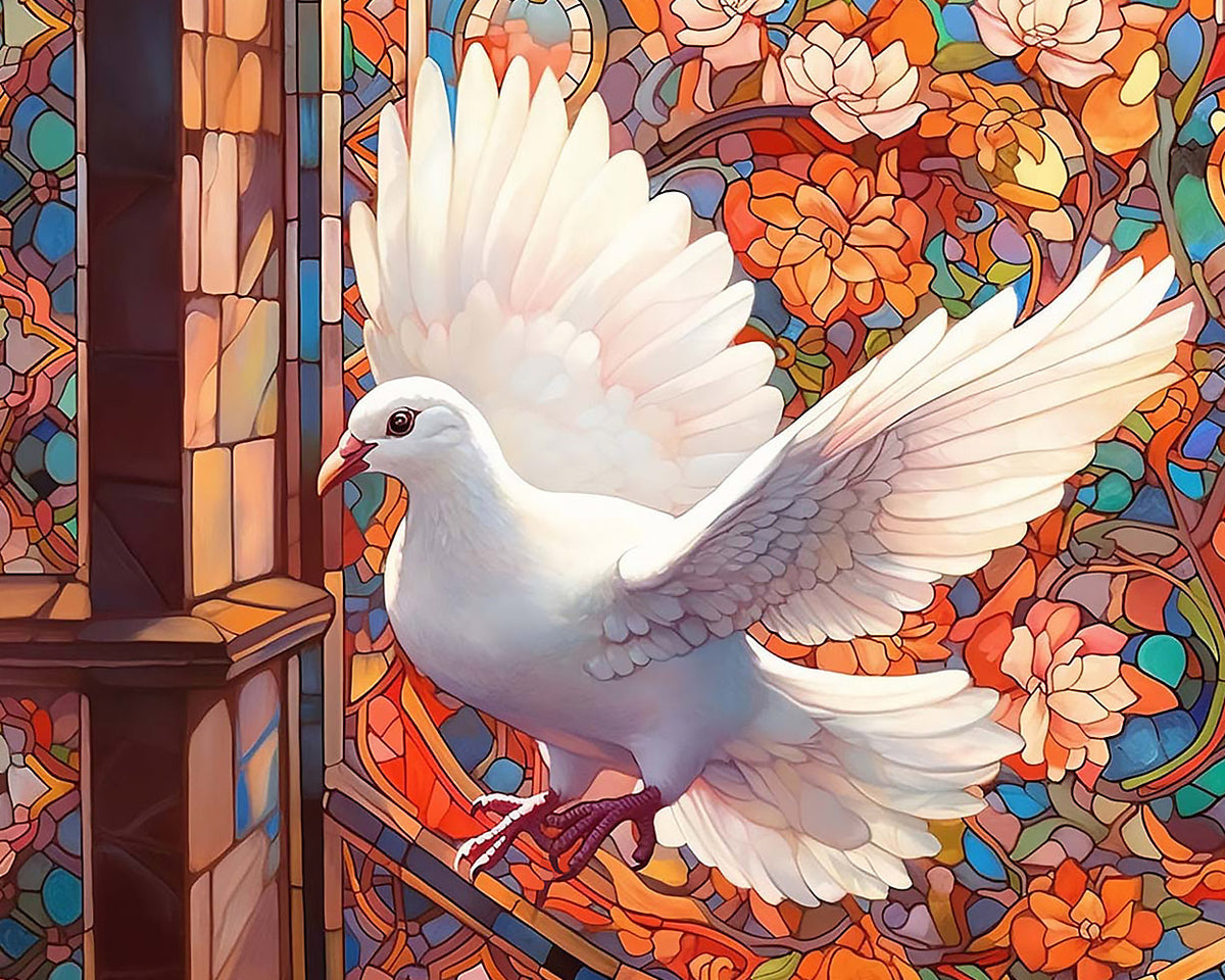 White dove in flight with stained glass paint by numbers kit for beginners