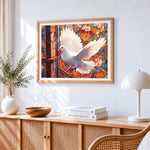 White dove in flight with stained glass paint by numbers artwork displayed on wall as home decor