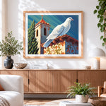 Finished white dove resting on a church roof cross stitch artwork displayed