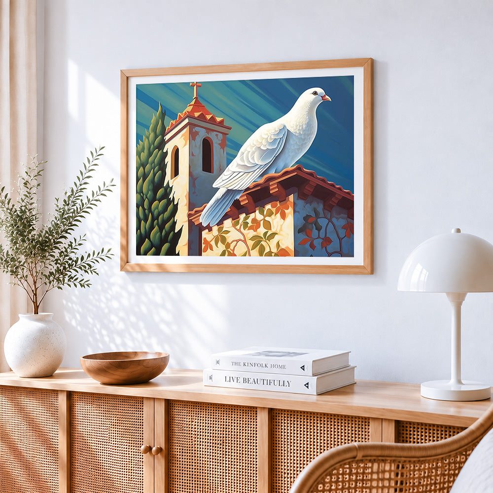 White dove resting on a church roof cross stitch artwork displayed on wall as home decor