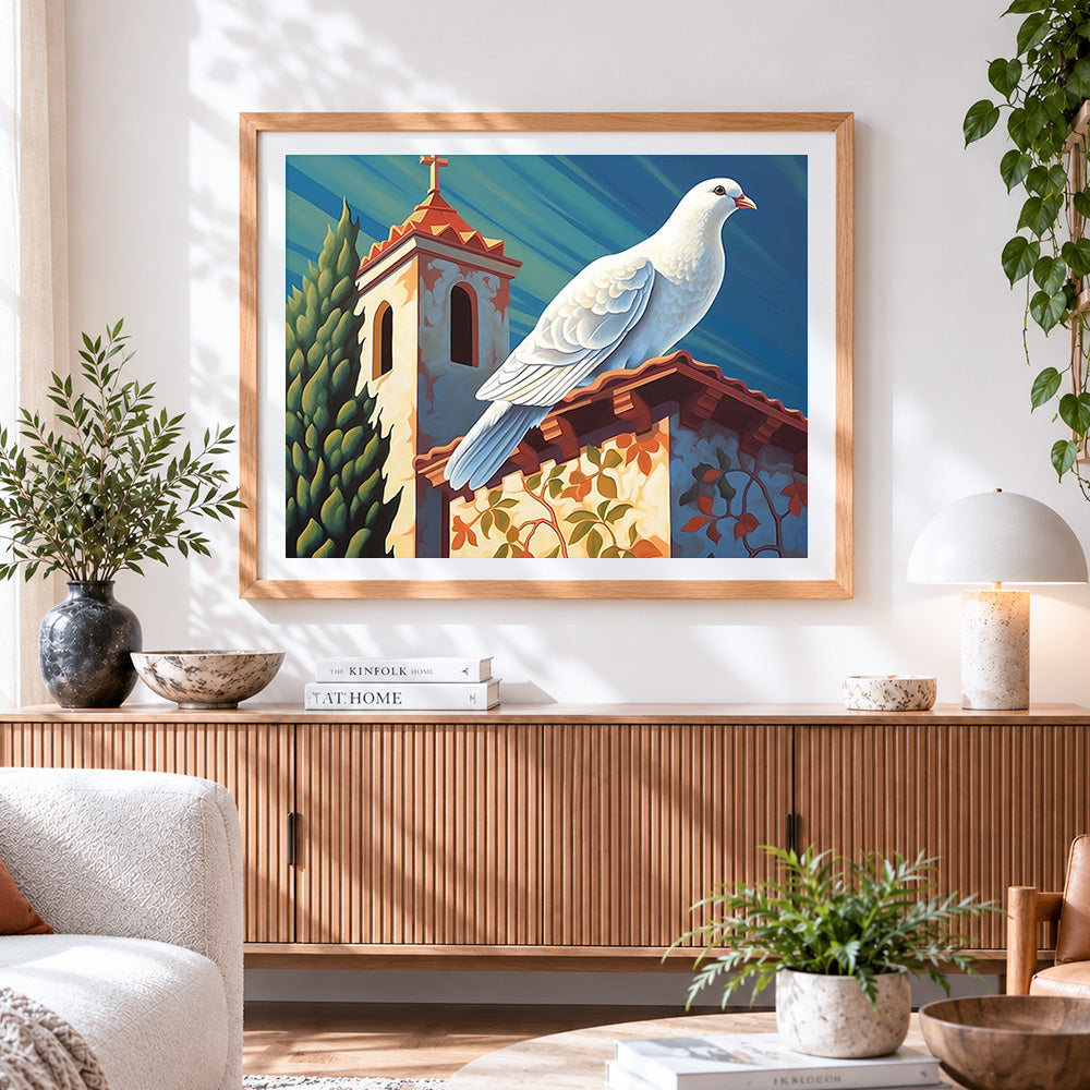 Finished white dove resting on a church roof paint by numbers artwork displayed as home decor