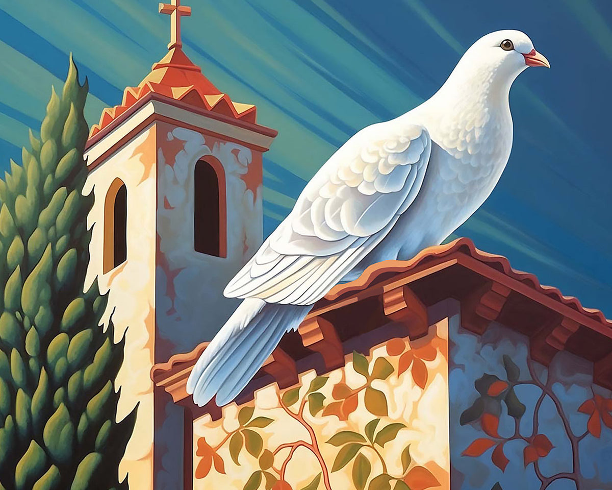 White dove resting on a church roof paint by numbers kit for beginners
