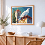 White dove resting on a church roof paint by numbers artwork displayed on wall as home decor