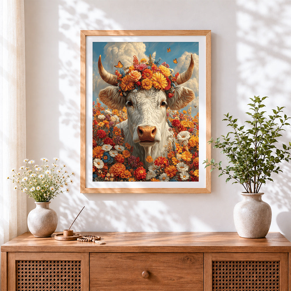 Finished white highland cow with colourful floral crown cross stitch artwork displayed