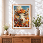 Finished white highland cow with colourful floral crown cross stitch artwork displayed