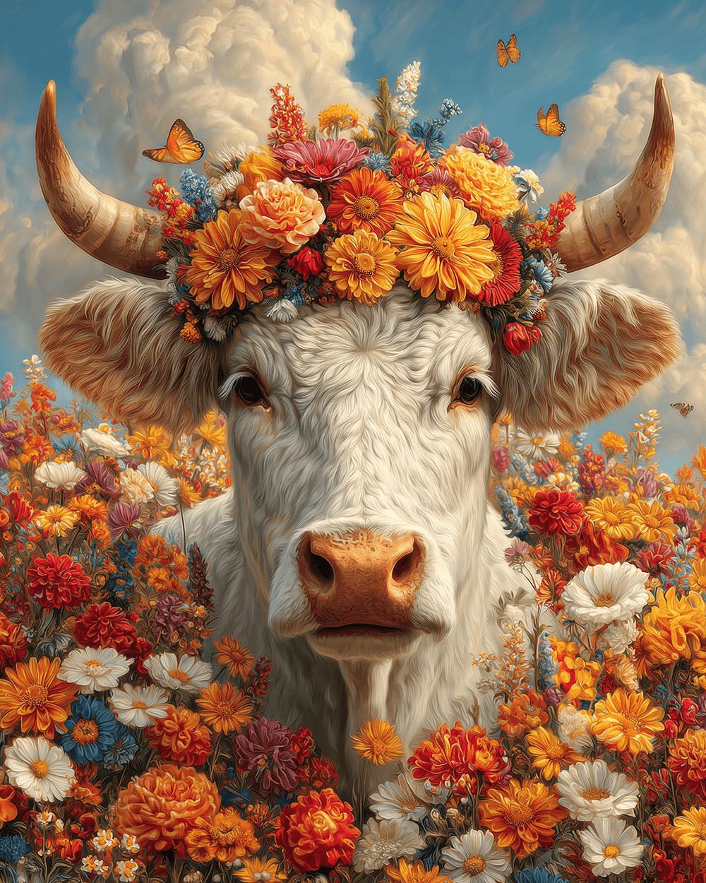 White highland cow with colourful floral crown paint by numbers kit for beginners