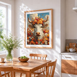 White highland cow with colourful floral crown paint by numbers artwork displayed on wall as home decor