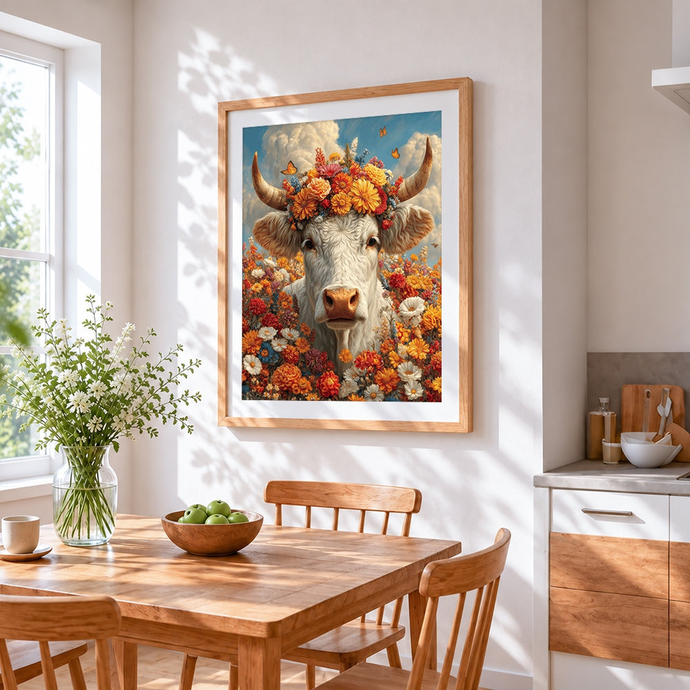 White highland cow with colourful floral crown paint by numbers artwork displayed on wall as home decor