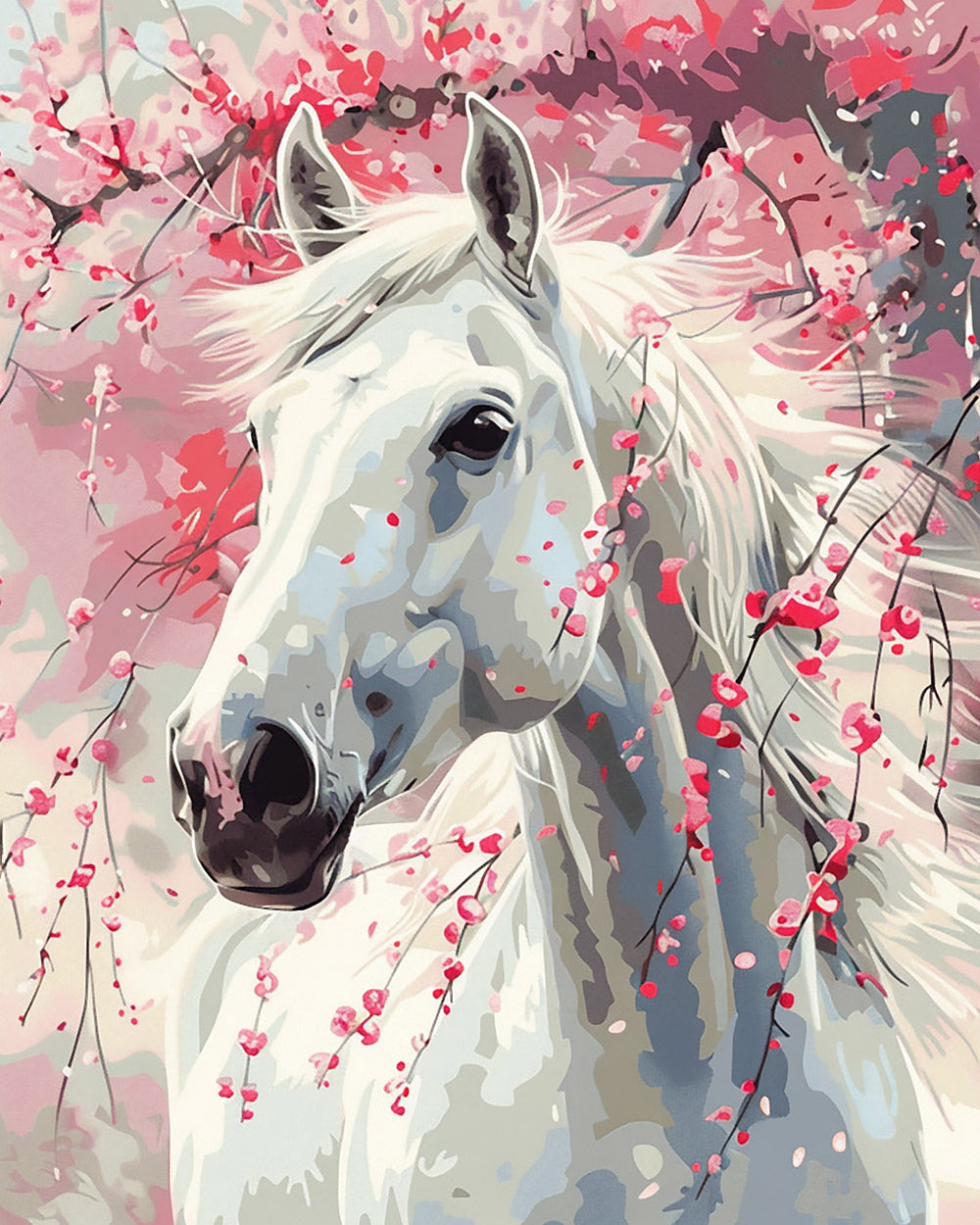 White horse and cherry blossom cross stitch kit for beginners