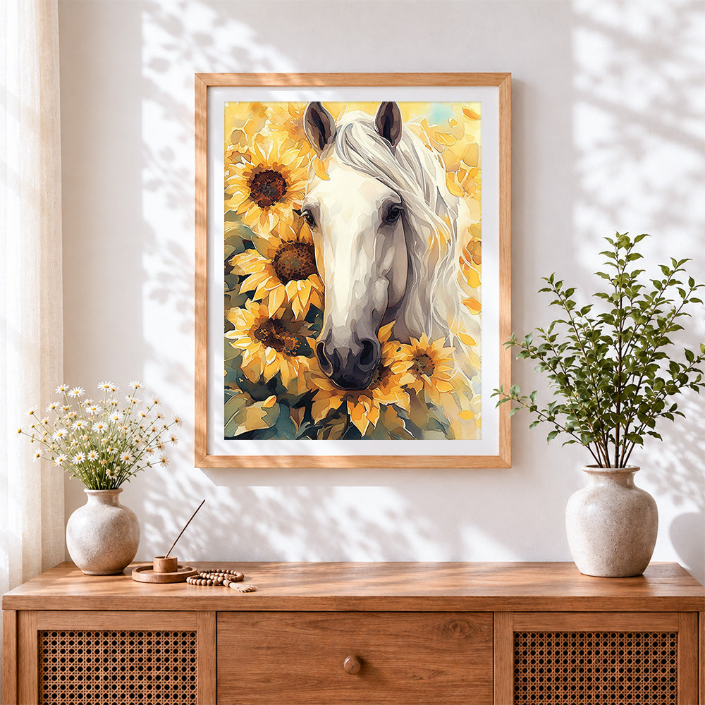 Finished white horse and sunflowers cross stitch artwork displayed