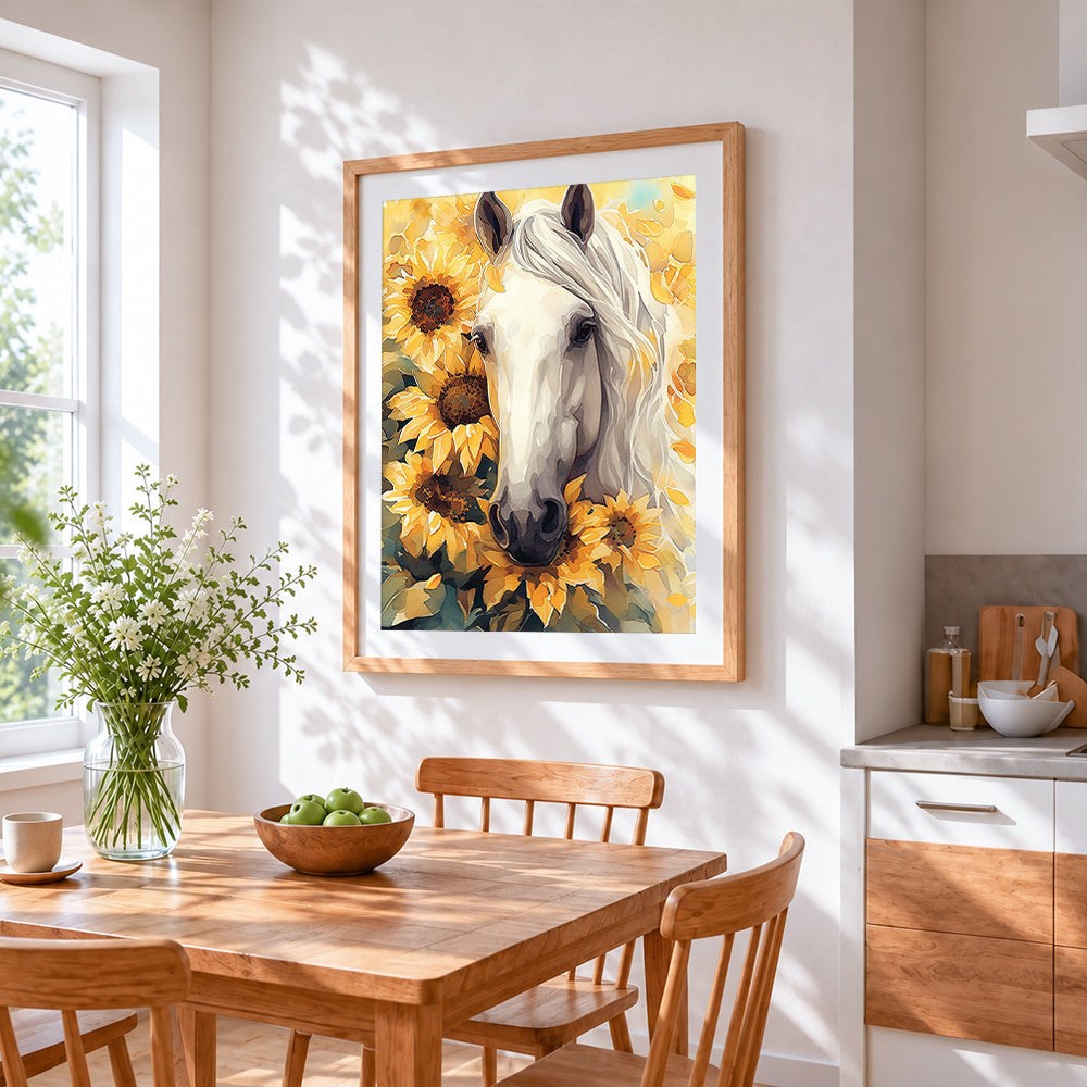 White horse and sunflowers cross stitch artwork displayed on wall as home decor