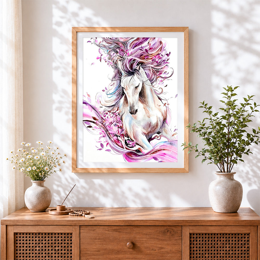 Finished white horse running through flowers paint by numbers artwork displayed as home decor