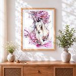 Finished white horse running through flowers paint by numbers artwork displayed as home decor