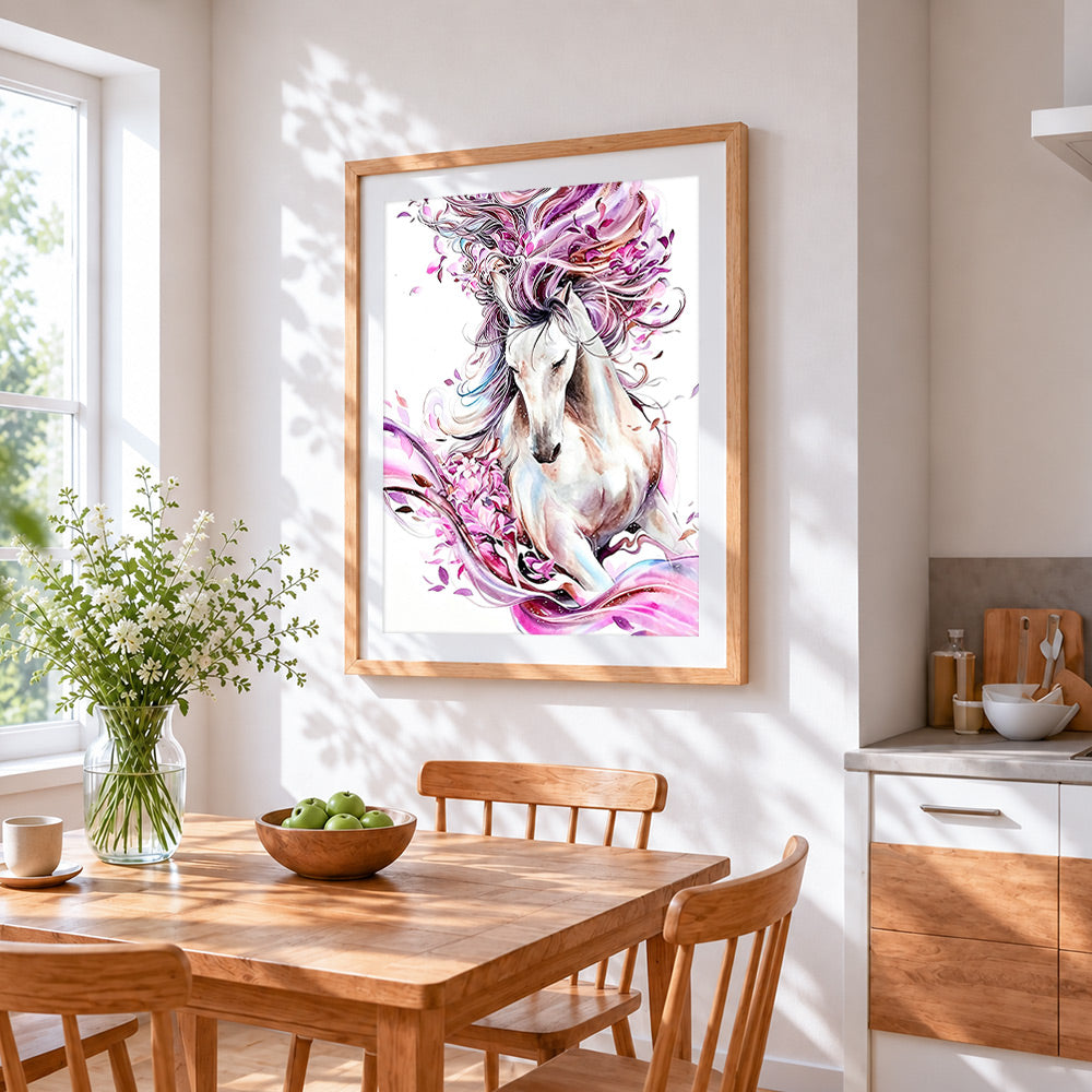 White horse running through flowers paint by numbers artwork displayed on wall as home decor