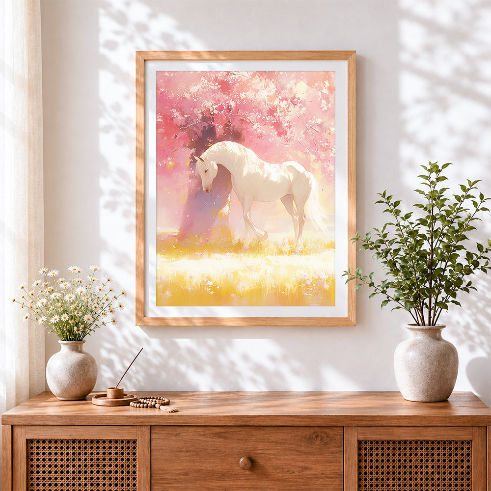 Finished white horse under blossom tree cross stitch artwork displayed