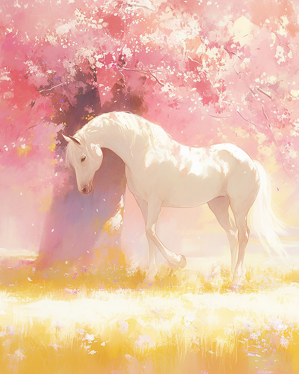 White horse under blossom tree cross stitch kit for beginners