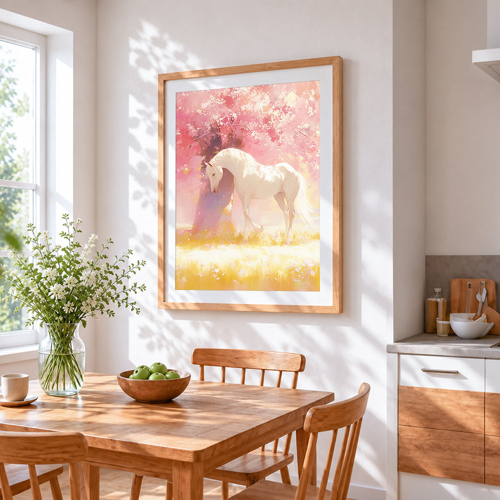 White horse under blossom tree cross stitch artwork displayed on wall as home decor