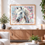 Finished white horse with cherry blossoms paint by numbers artwork displayed as home decor