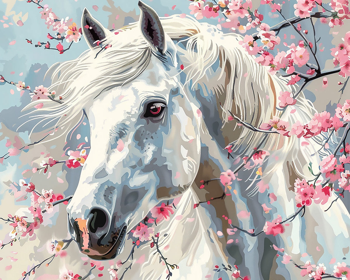 White horse with cherry blossoms paint by numbers kit for beginners