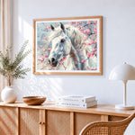 White horse with cherry blossoms paint by numbers artwork displayed on wall as home decor